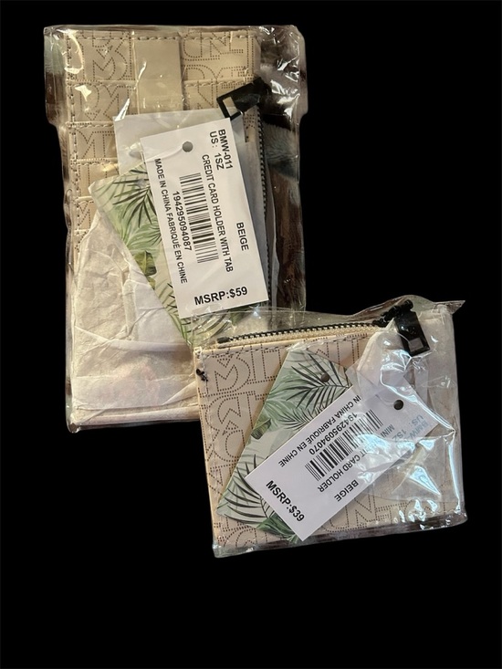 Badgley Mischka Handbags - Badgley Mischka Beige Monogram Zip Wallet and Card Pouch Set NWT